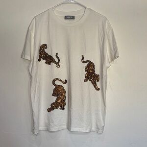 White Tee with Sequin Tiger Accents